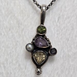 Genuine Multi-Gem Stone Sterling Silver Pendant Charm.
